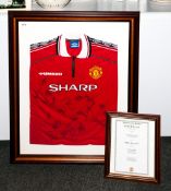 Signed Manchester United Football Shirt, Framed and Mounted with certificate. Replica Home Shirt