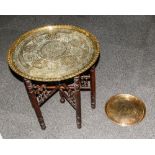 Middle Eastern Ornate & Decorative Circular Brass Topped Carved Wooden Table, 21'' in height, 21''