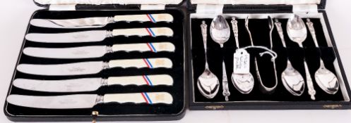 1930's Boxed Set Of Six Silver Plated Apostle Spoons plus a 1930's boxed set of fruit knives by