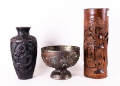 Chinese Carved Bamboo Vase. Together with a resin Chinese  lacquered vase and an Oriental silvered