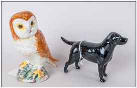 Beswick Barn Owl Figure, together with Beswick Black Dog Figure (2 in total) Stamped to base.