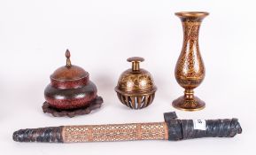 Four Pieces of Engraved Middle Eastern Brass Items. Includes Lidded Jar, Bell, Shaped Vase, Brass