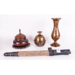 Four Pieces of Engraved Middle Eastern Brass Items. Includes Lidded Jar, Bell, Shaped Vase, Brass