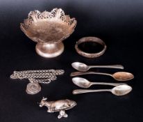 Small Collection Of Hallmarked Silver Items, Comprising Fob Medal And Chain, Bangle, 4 Teaspoons,