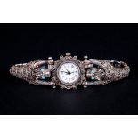 Ladies - Sterling Silver Ornate Wrist Watch, Set with Marcasite and Turquoise - Also with Integral