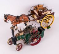 Model of a Horse and Cart 'Chris's Farm'. Together with a hand made model of a steam engine.