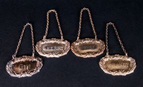 William IV Set Of Four Matching Silver Plated Spirit Labels Gin, Whiskey, Brandy & Sherry. Each 2.