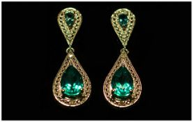 Blue/Green Sea Colour Quartz and Blue Topaz Pair of Drop Earrings, the two larger stones in the