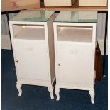 2 French Style White Painted Bedside Cabinets, Glass Tops Above A Shelf And Storage Unit, Raised