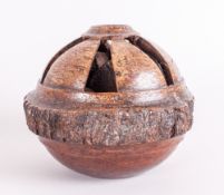 Bahia Large Carved Round Brazil Nut POd with  heavy outer shell cut away to reveal individual nuts