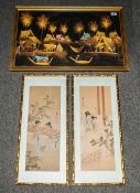 A Pair of Chinese Paintings on Cloth depicting traditional garden settings with ladies in gilt