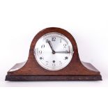 1930's Napoleon Hat, Oak Cased Westminster Chime Mantle Clock, with Round Steel Dial.