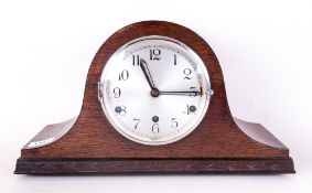 1930's Napoleon Hat, Oak Cased Westminster Chime Mantle Clock, with Round Steel Dial.