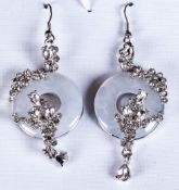 White Quartzite and Crystal Long Drop Earrings, each comprising an open circle of white quartzite