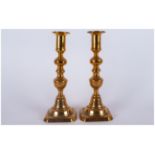 A Pair of 19th Century Brass Diamond Cut Candlesticks. 7.5 Inches High.