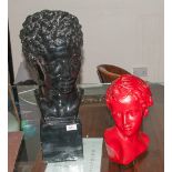 Two Classical Plaster Busts after the Antique, One Depicting Apollo's Head on a Square Base Coloured