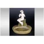 Art Deco Ivory And Onyx Pin Dish Carved Ivory Flapper Girl Sat On An Onyx Piller Raised On A Shallow