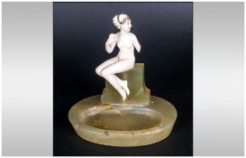 Art Deco Ivory And Onyx Pin Dish Carved Ivory Flapper Girl Sat On An Onyx Piller Raised On A Shallow