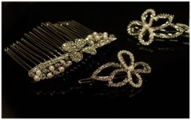 White Austrian Crystal and Faux Pearl Hair Comb of flower and leaf design, plus two flower shaped