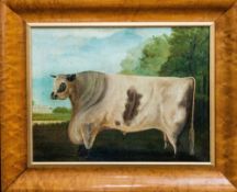 Primitive Oil on Canvas of a Prize Bull, Standing Majestically with a Manor House In The Background,