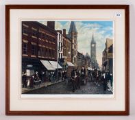 Tom Dodson Coloured Framed Print of Fishergate, Preston in olden times. Pencil signed to the