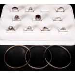 A Collection of Stone Set Silver Dress Rings ( 10 ) In Total + 3 Silver Bangles. All Fully Marked