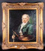 Contemporary Oil Painting of an Artist, probably Hogarth in the 1930;s style. In swept gilt frame.