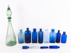 A Collection Of 19th Century Blue & Green Bottles, 13 in total. Various sizes.