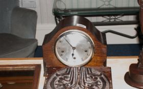 1930's Oak Cased Mantle Clock With Round Steel Dial Westminster Chimes. Maker Enfield.