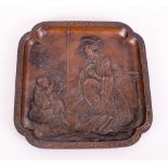 Bronzed Square Metal Japanese Tray Depicting a Geisha Girl with Attendant. Late Meiji Period. 10 x