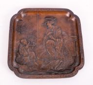 Bronzed Square Metal Japanese Tray Depicting a Geisha Girl with Attendant. Late Meiji Period. 10 x