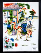 Antique Chinese Famille Verte Painted Porcelain Plaque depicting figures on horseback in a garden