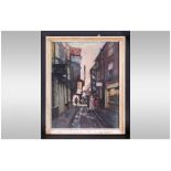 Pastel Drawing Of The Shambles York Figures In The Street, Signed A.Collins. Framed & Glazed.