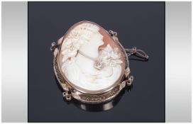 Antique Very Fine Shell Cameo And Diamond Set Brooch The cameo set within a finely made silver mount