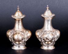 A Pair Of Early 20th Century English Silver Ornate Pepperettes, Hallmark Birmingham 1913. Each 4''