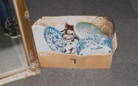 Misc Box Lot Of Pottery Items oriental lidded tureen, two blue decorated Japanese dishes/plates,