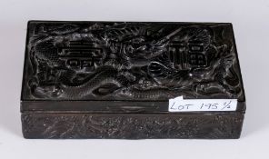 Early 20thC Japanese Base Metal Cigarette Box, Cast Dragon And Character Marks To The Hinged Lid,