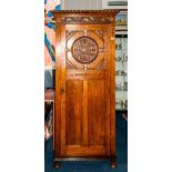 Edwardian Oak Hall Robe with Fitted Mirror Interior, The Central Door Panel with a Round Carved