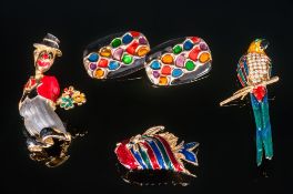 Vintage Enamel & Stone Set Brooches, 5 in total, in the form of a clown, parrot, fish etc. All in