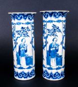 Pair Of Antique Chinese Blue & White Spill Vases decorated with ladies in a garden setting.