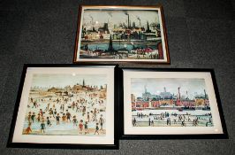 Three Large Coloured Lowry Prints 'The Canal Northern River Scene 'At the Seaside' Titled and pencil
