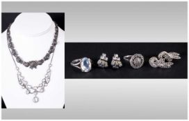 A Collection of Vintage Silver Mounted Jewellery, Including a Silver Necklace and Matching Ring, Set