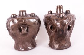 2 Copper Lustre Art Studio Pottery Vases Of Triangular Form, Height 5 Inches