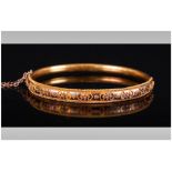 Early Victorian - Fine 15ct Gold Hinged Bangle with Very Fine Raised Decoration and Rope Border.