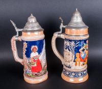 Two German Decorated Pottery Pewter Lidded Tankards, Impressed German Marks To The Base, Both