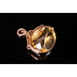 Edwardian Large 9ct Gold Swivel Fob with Large Faceted Citrine, Marked 9.375. 1.5 Inches Wide.