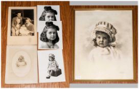 Large Framed Photograph of a Young Child In Bonnet. Size 17 x 20 Inches, with Five other Child
