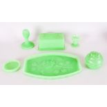 Czechoslovakia 1930s Green Molded Glass Dressing Table Vanity Set original ticket to base.