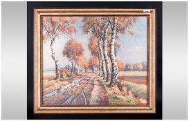 Walter Markel Watercolour Drawing Of Country Road, Lined By Trees In Open Landscape. Framed &