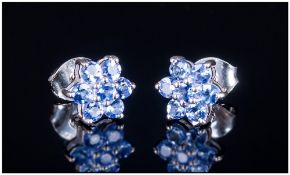 Tanzanite Flower Stud Earrings, fourteen round cut stones of the single source gemstone,